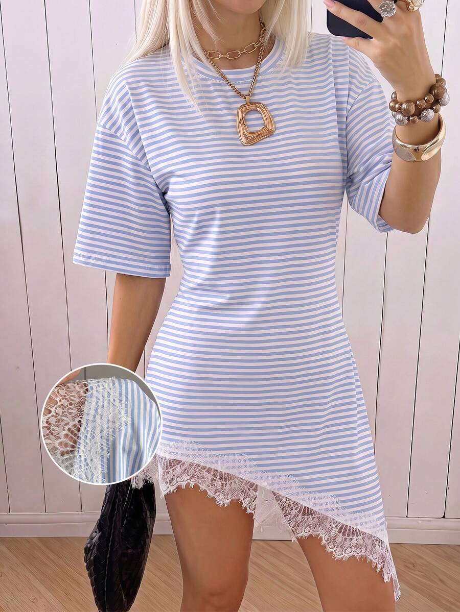 SHEIN EZwear 女款條紋蕾絲拼接不對稱下擺修身洋裝 - 彩色 - 查看 1