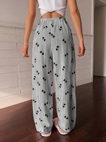 Dream Adore Women's Striped Heart Print Bow Decor Waist Pajama Pants - Black - View 2
