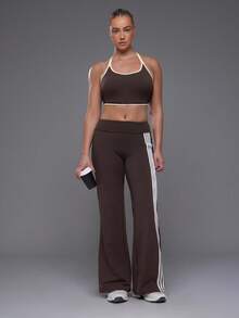 Voyena Women's Plus Size Side Stripe Daily Fitness Flare Leggings - Coffee Brown - View 3