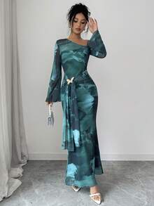 Elenzga Women's Autumn Dark Teal Mesh Printed Asymmetric Neck Long Sleeve Fitted Dress Metal Butterfly Decoration, Dating Night Out Party Sexy Elegant - Dark Green - View 6