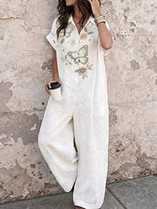 EMERY ROSE Women's Summer Vacation Embroidered Print Shirt Collar Short Sleeve Jumpsuit - White - View 1