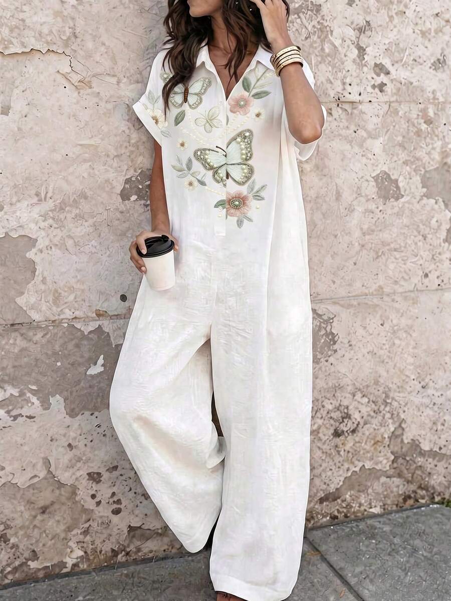 EMERY ROSE Women's Summer Vacation Embroidered Print Shirt Collar Short Sleeve Jumpsuit - White - View 1
