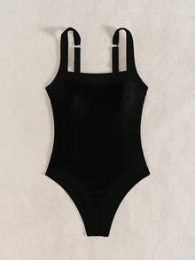 Swim Basics 2026春夏女款厚實可調肩帶純黑色拼接優雅修身連身比基尼泳衣，度假適用 - 黑色 - 查看 3