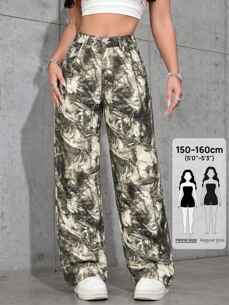 SHEIN PETITE 紮染印花寬鬆直筒牛仔褲 - 彩色 - 查看 1