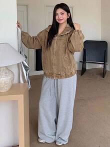 Dazy Plus 淺洗藍色連帽拉鍊寬鬆燈籠袖收口下擺牛仔夾克大尺碼女款 - 卡其色 - 查看 4