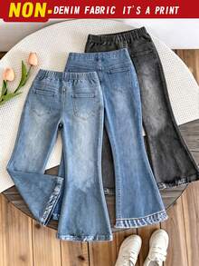 SHEIN Elladie kids 4-7歲女孩 2件/包（3款隨機2款）甜美可愛數位印花鬆緊腰喇叭牛仔褲，適合日常穿著與外出 - 彩色 - 查看 2