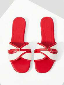 MOTF LADIES SWEET COLOUR MATCHING BUCKLE RED FLAT SANDALS - Red - View 2