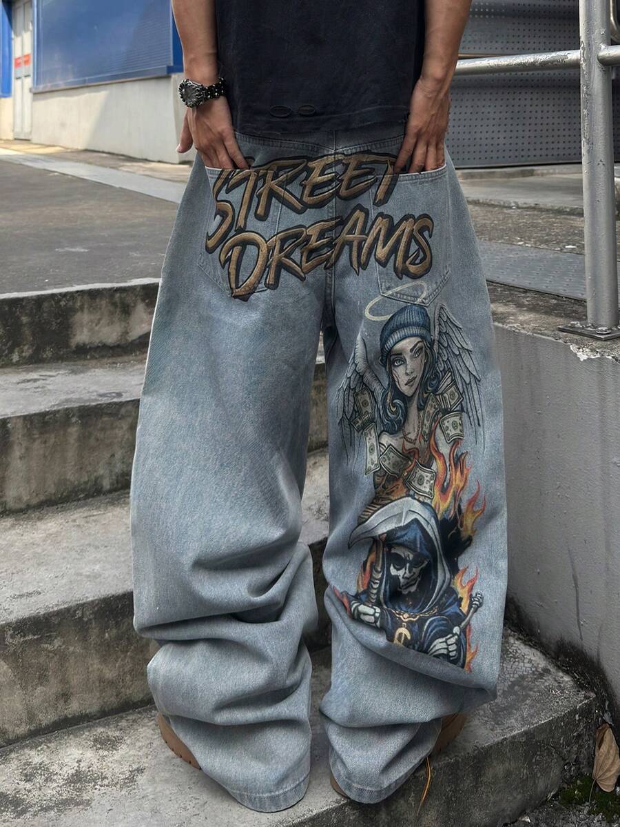 STEELVANCE Streetwear Retro Fashion Versatile Distressed Washed Rivet Character Letter Print Design Loose Straight Wide Leg Casual Denim Jeans Holiday Summer