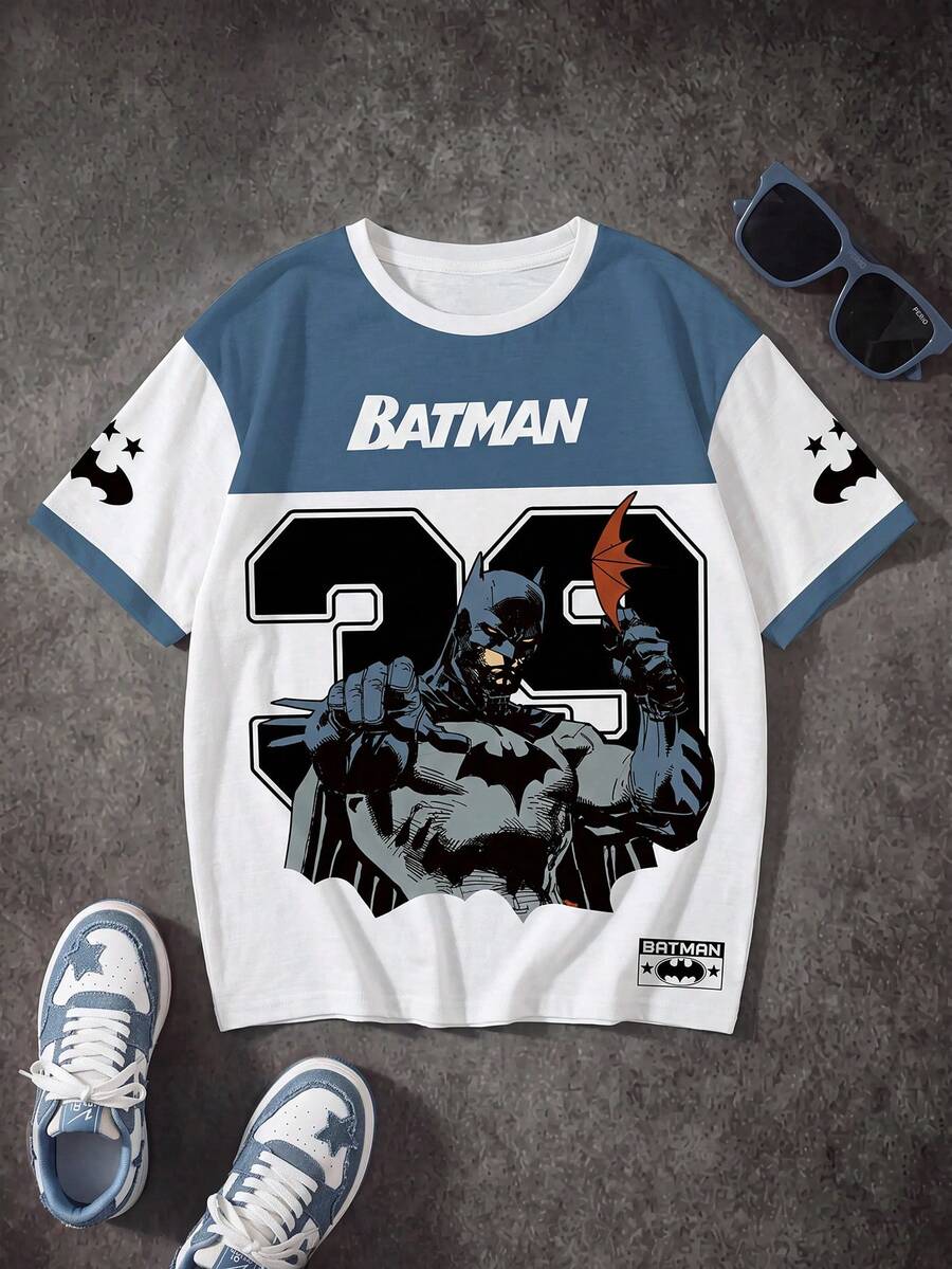 BATMAN X SHEIN 男士休闲时尚街头卡通英雄人物与数字字母图形撞色短袖 T 恤,夏季 - 白色 - 查看 1