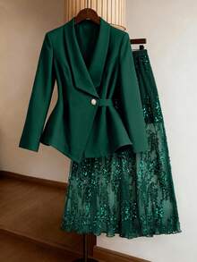 SHEIN Clasi 大码女式褶皱腰部亮片百褶裙两件套，派对宴会服装 - 墨綠色 - 查看 1