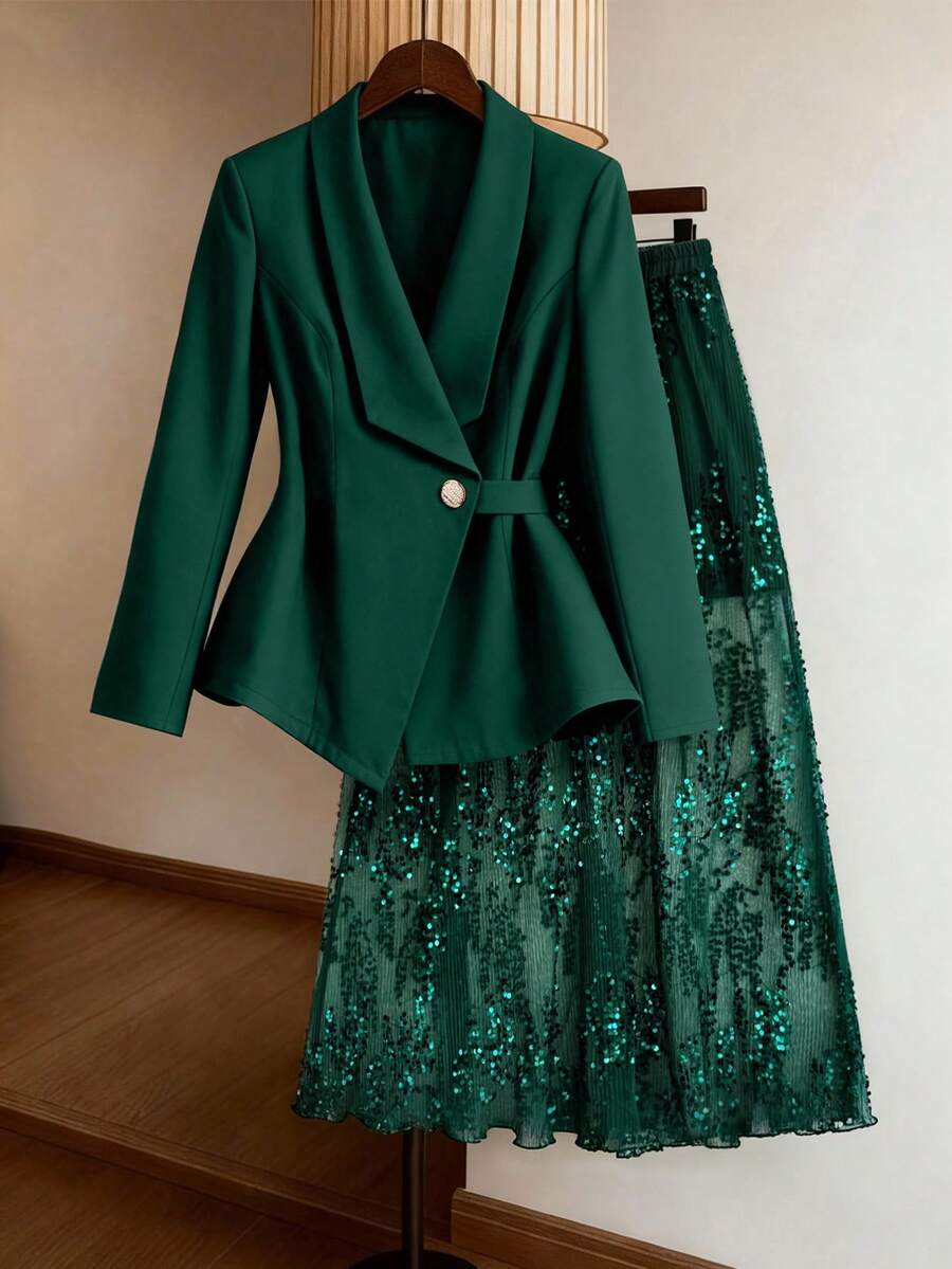 SHEIN Clasi 大码女式褶皱腰部亮片百褶裙两件套，派对宴会服装 - 墨綠色 - 查看 1