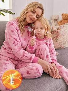 SHEIN Girls Gray Fairy Pattern Comfortable Long Pants & Long Sleeve 2 Pieces Set, Autumn/Winter Loungewear - Pink - View 2