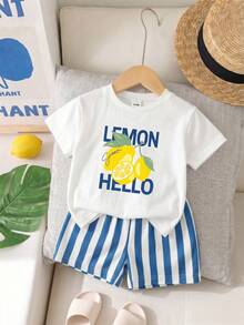SHEIN Playful Pals 2件組男嬰夏季度假檸檬印花圓領T恤與彈性腰藍白條紋短褲可愛嬰幼兒服飾度假裝 - 彩色 - 查看 5