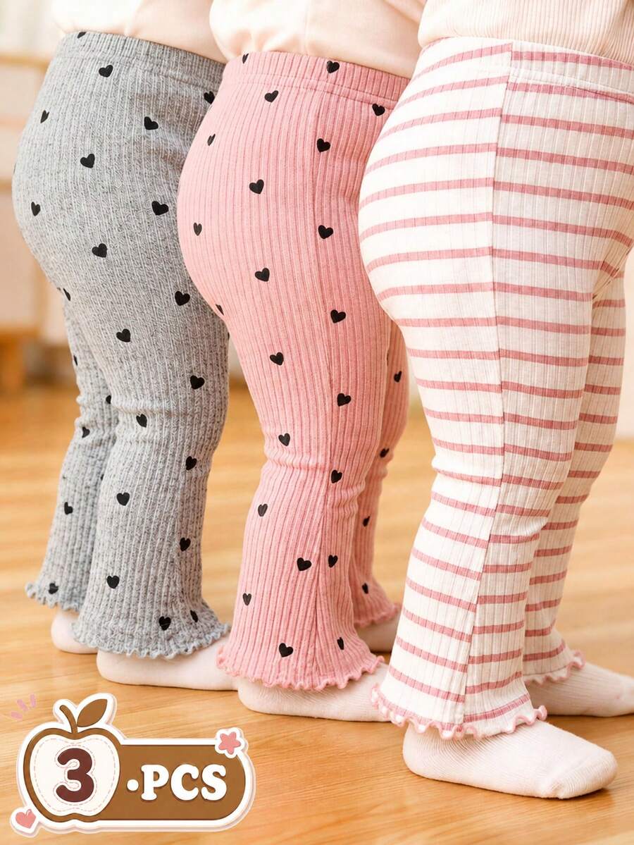 SHEIN Playful Pals 3件組女嬰愛心與條紋印花長褲,簡約時尚,適合外出、日常穿著、派對、上學,春秋舒適款,喇叭褲腿設計 - 彩色 - 查看 1
