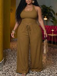 Veslaya Plus Size Summer Casual Backless Halter Top & Long Pants Set - Army Green - View 1