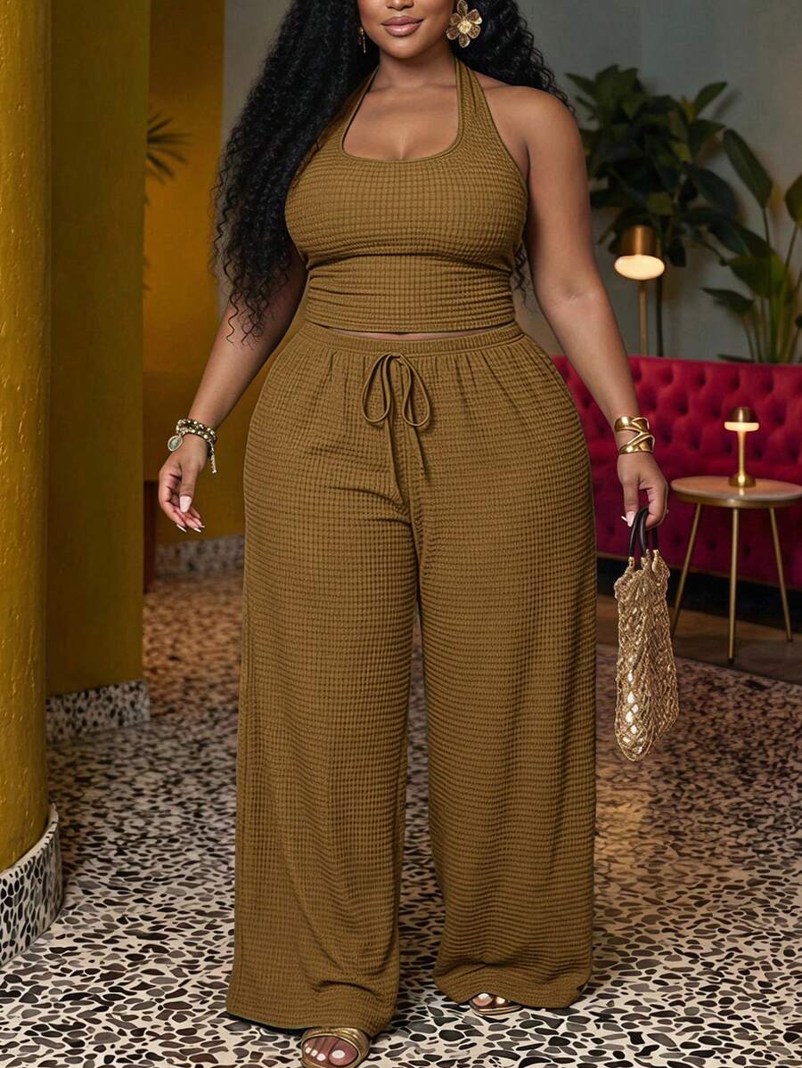 Veslaya Plus Size Summer Casual Backless Halter Top & Long Pants Set - Army Green - View 1