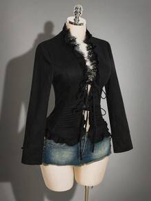 SHEIN ICON Fall Women's Halloween Goth Sexy Elegant Club Going Out Night Out Party Lace Patchwork Casual Versatile Daily Wear Long Sleeve Jacket Black - Black - View 6