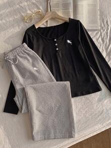 SHEIN EZwear 大尺碼長袖T恤與條紋長褲2件套 秋季 - 彩色 - 查看 6