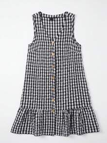 SHEIN LUNE CURVE 女款 1950 年代復古黑白格紋格子布夏季休閒洋裝，優雅 V 領無袖前排扣野餐度假大尺碼洋裝 - 黑與白 - 查看 6