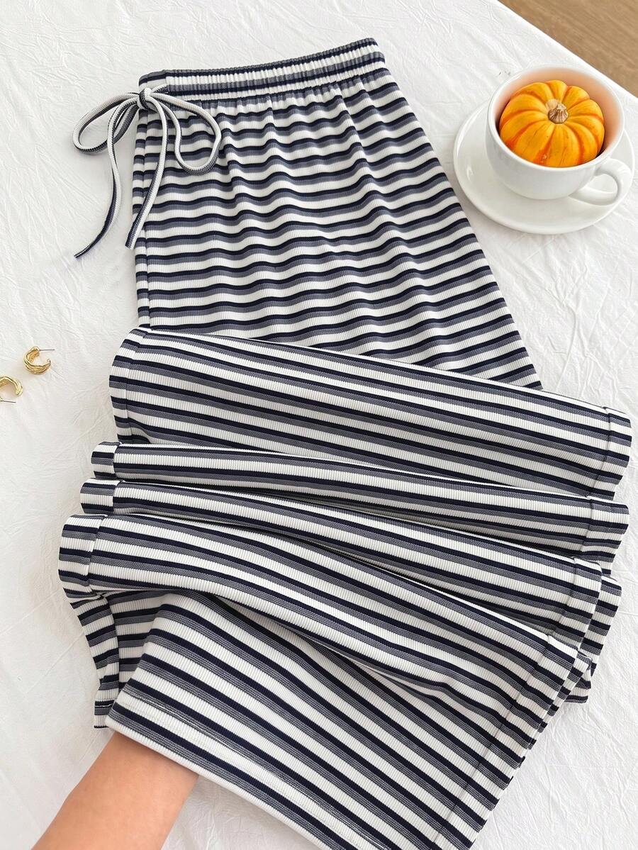 Solflare Plus Size Women's Waist Tie Striped Loose Long Pants - Multicolor - View 1