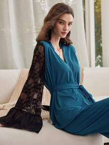 Moireta Französischer eleganter romantischer Damen-Pyjama-Set aus Strick-Jacquard mit ausgestellten Ärmeln und langen Hosen - Blau - Übersicht 3