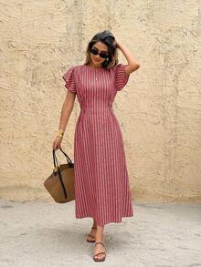 SHEIN Frenchy Women's Striped Ruffle Sleeve Casual Party Dress - Red - View 7