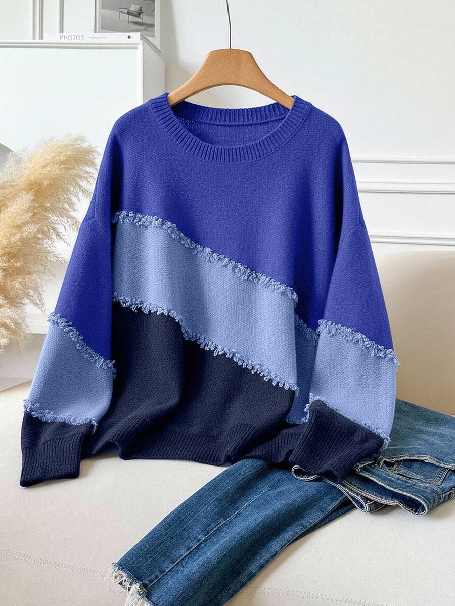CosyJoli Plus Size Casual Cat Whisker Tassel Color Block Crew Neck Pullover Sweater Autumn Winter Clothes For Women - Blue - View 1