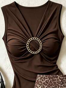 Franclia Women's Solid Color Pleated Top And Leopard Print Skirt Fashion Set - Brown - View 3