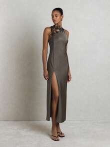 KSTM Satin Maxi Dress With Black Floral Lace Applique Neckline Sleeveless Bodycon Front Slit Evening Gown - Grey - View 1
