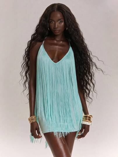 SHEIN BAE Women's Casual Vacation Spaghetti Strap Backless V-Neck Tassel Bodycon Dress, Suitable For Beach Sisters Leisure Bohemian Mint Green