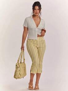 SHEIN Tall CURVE Plus Size Women's Striped Patchwork Casual Versatile Daily Wear Capris - Multicolor - View 3