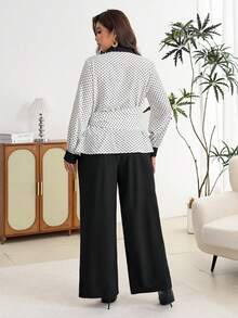 Modelyn Plus Size Women Polka Dot Long Sleeve Side Knot Shirt And Wide Leg Pants Casual Set - Black - View 2