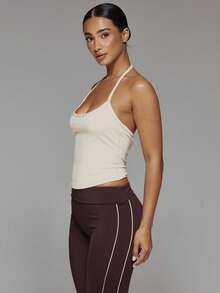 Musera Sport Atasan Olahraga Model Scoop Halterneck dengan Tali Belakang Model T-Bar dan Hem Melengkung untuk Musim Gugur/Musim Dingin, Cocok untuk Gym dan Latihan, Warna Kuning Mentega yang Lucu - Kuning - View 4
