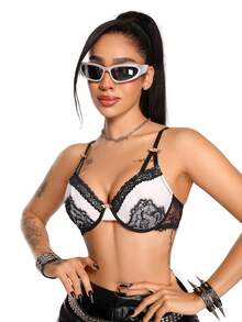 AltBold 1pc Women's Lace Patchwork Underwire Thin Cup Comfortable Bra - Black and White - View 3