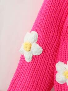 Elladie kids 女童 3D 花卉刺繡鈕扣長袖針織開襟衫 - 玫紅色 - 查看 4