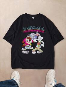 LOONEY TUNES X SHEIN 男士圓領字母卡通印花休閒百搭日常旅行短袖T恤 - 黑色 - 查看 3
