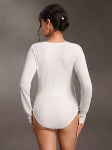 Cheriluna Maternity White Deep V-Neck Long-Sleeve Maternity Jumpsuit Knitted Texture Fabric Elasticity Slimming Four Seasons Winter - Beige - View 4
