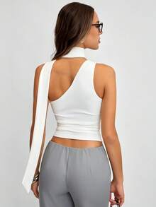 Avenya Women's White Asymmetric Twist Metal Decor Ribbon T-Shirt - White - View 6