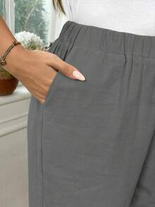 EMERY ROSE Plus Size Women Cotton Solid Color Drawstring Waist Pockets Loose Pants Fall - Light Grey - View 3