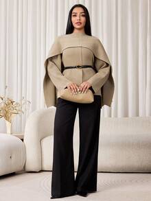 Veilorie Women's Solid Color Asymmetrical Shawl And Sweater Elegant Set - Khaki - View 5