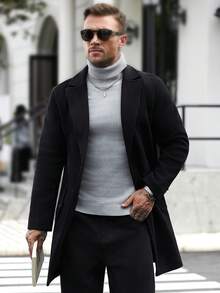 Manfinity CasualCool معطف طويل للرجال بلون موحد مع جيب وأزرار أمامية وأكمام طويلة، مناسب للخريف والشتاء والمناسبات الرسمية - الأسود - مشاهدة 5