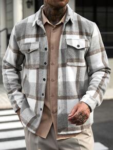 Manfinity CasualCool 男士格紋長袖休閒夾克，多口袋設計，秋冬男士法蘭絨，送給男友或丈夫的完美節日禮物 - 彩色 - 查看 6