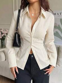SHEIN EZwear 女款休閒修身長袖襯衫，腰部綁帶設計，條紋襯衫，女款通勤穿搭，女款秋冬服飾 - 彩色 - 查看 7