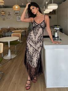 Firerie Women's Summer Elegant Sexy Lace Spaghetti Strap Dress - Black - View 4