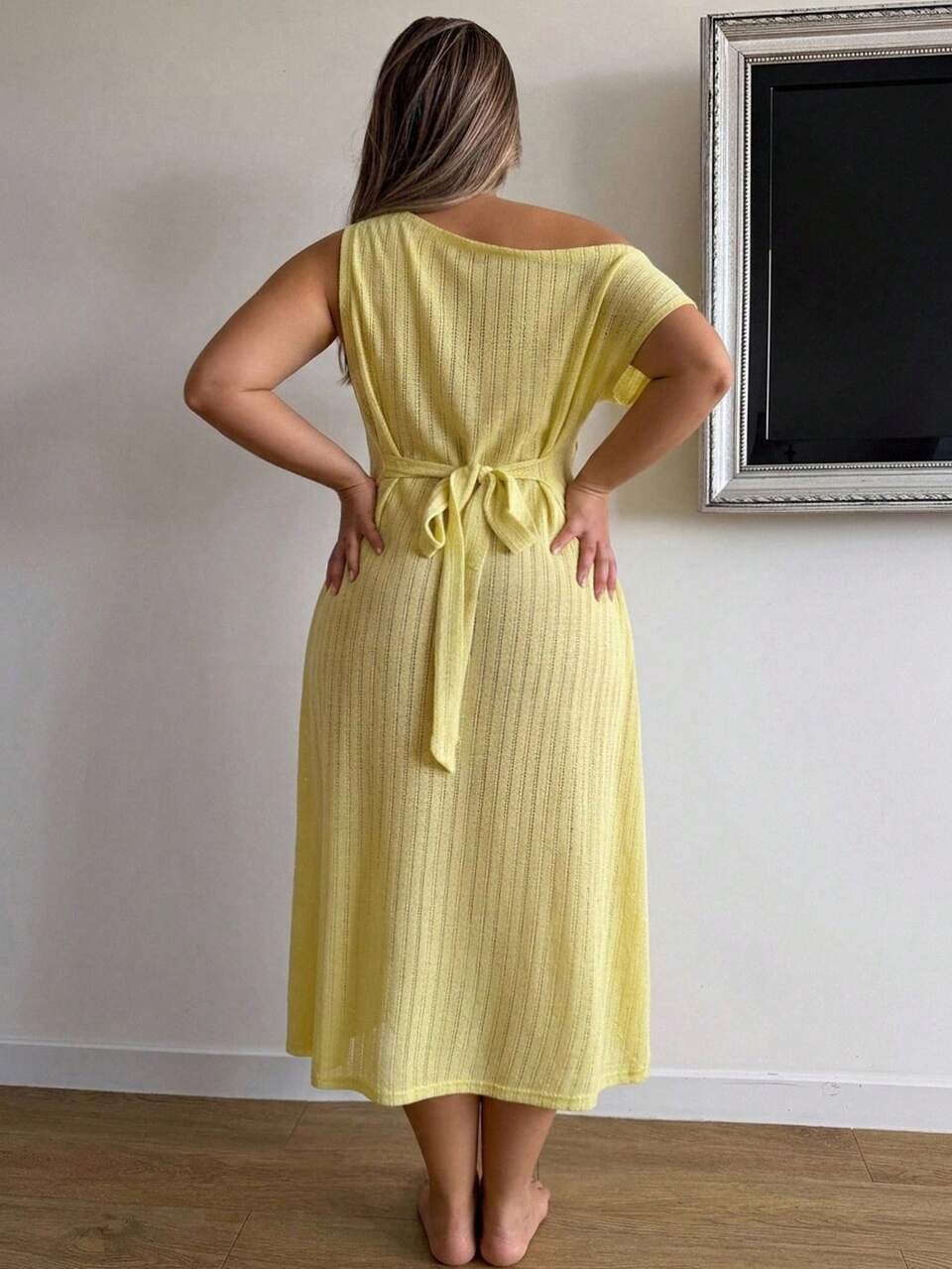 Dazy Plus Asymmetrical Shoulder Fitted Sexy Knit Long Loungewear Nightgown