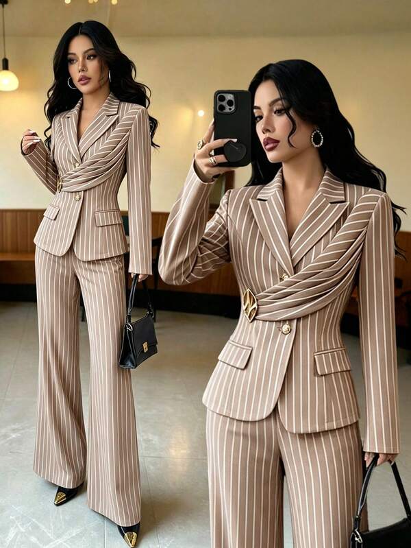 Glyssa Striped Khaki Suit Set For Office Wear, Autumn Commute Minimalist Outfit With Metal Buckle And Pleated Design