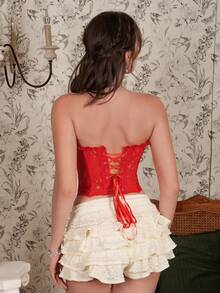 Myrelith 1pc White Lace Strapless Corset Top With Back Tie Shaping Cropped Bustier Party Prom Autumn Body Con Halloween - Red - View 2