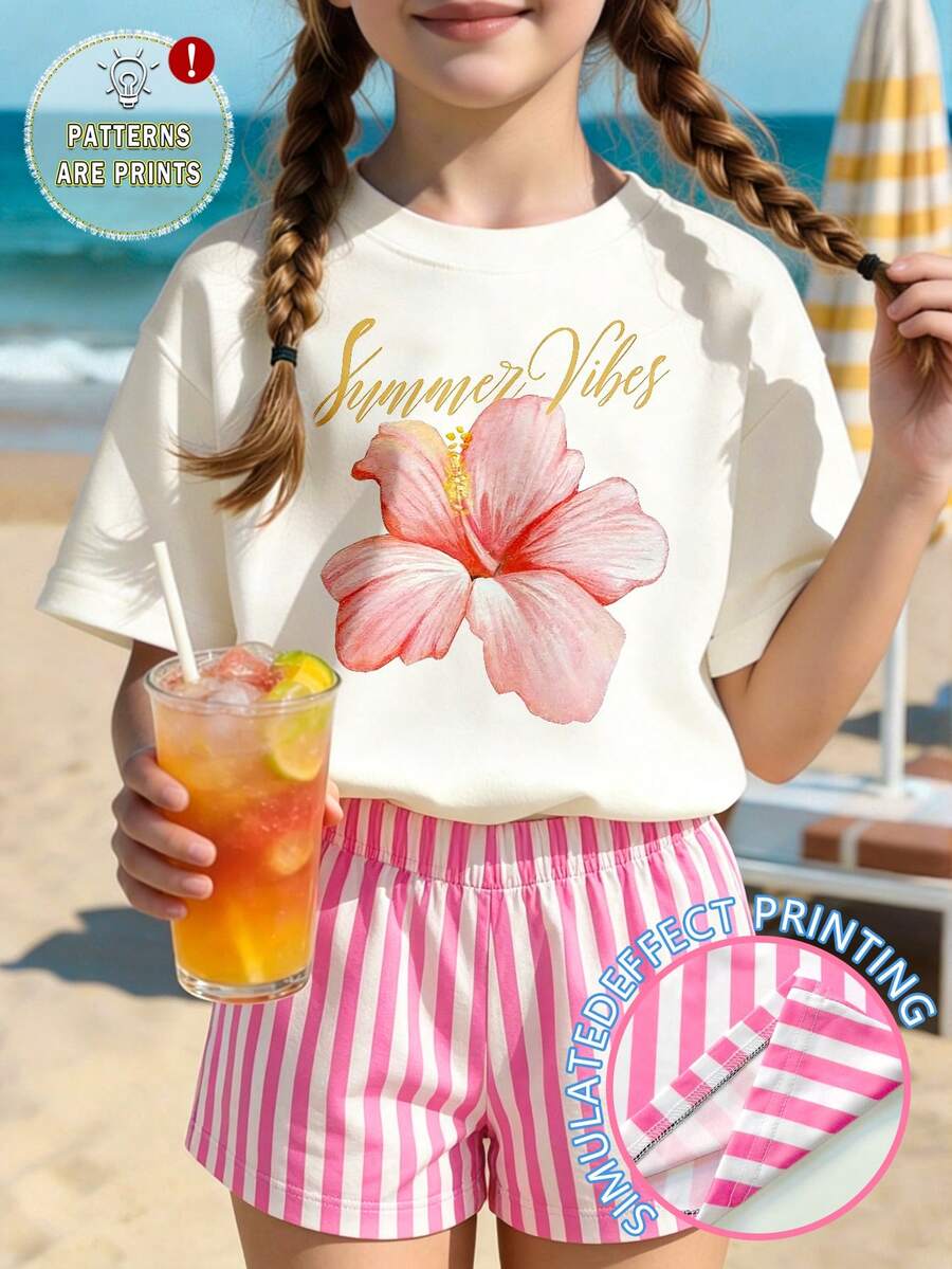 少女春夏休闲时尚创意个性清新简约花卉竖条纹夏季风印花字母图案舒适日常休闲T恤短裤套装 - 彩色 - 查看 1