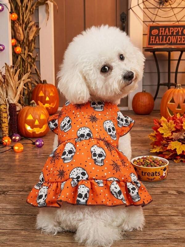PETSIN 1pc White Skull Spider Web Polka Dot Printed Pet Dress Halloween Orange Patchwork Black Soft Breathable Anti Shedding Comfortable Pet Clothing