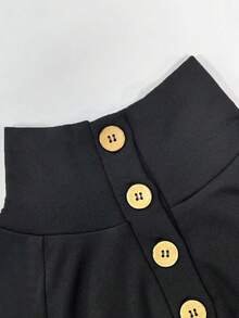 SHEIN Autumn/Winter New Black Semi-High Neck Half-Button Front Wooden Button Raglan Sleeve Slim Fit Base Layer Top, Casual Elegant Minimalist Commuter Style Suitable For Daily Wear, Dating, Travel And Office - Black - View 5